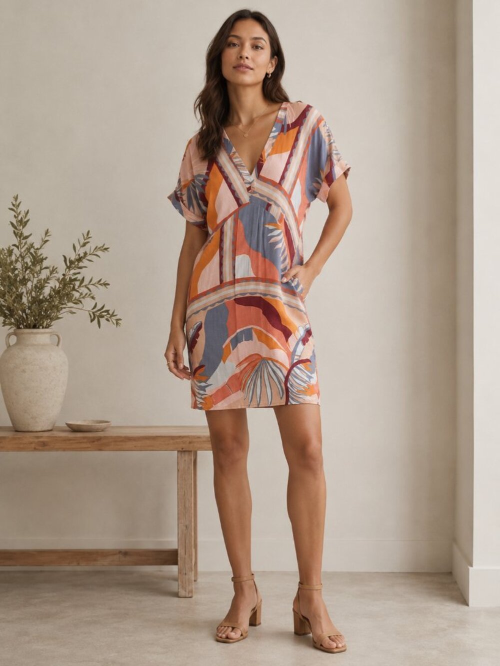 *Zinzane Abstract Tropical Print Dress Orange Pink V Neck Flutter Sleeve XS 0539